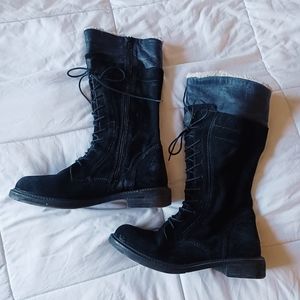 Suede Leather Lace Up Sherpa Lined Knee Tall Boots Winter Black Goth Gorpcore